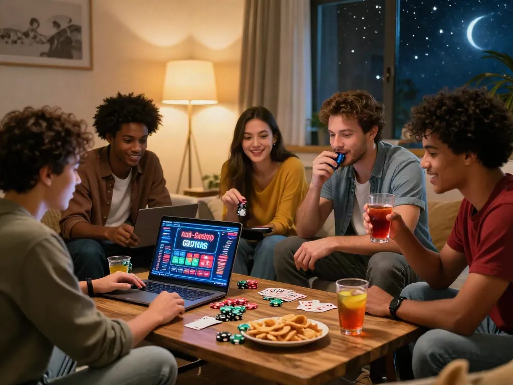 Group of friends enjoying gaming at sites not on GamStop in a cozy home setting