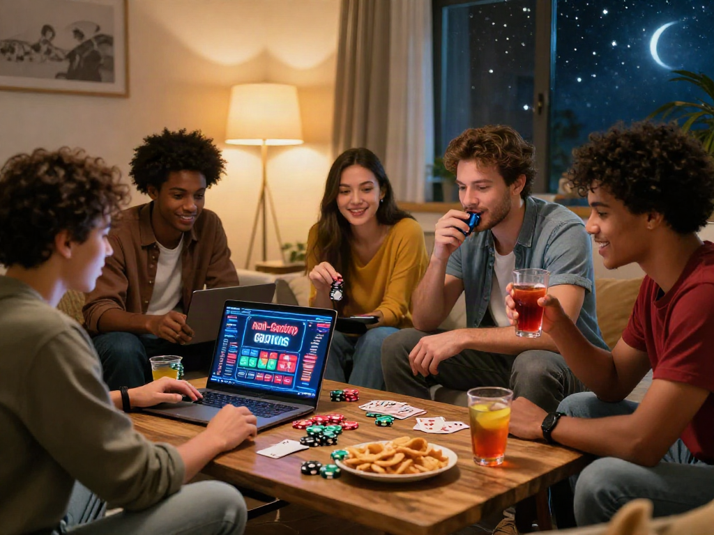 Group of friends enjoying gaming at sites not on GamStop in a cozy home setting