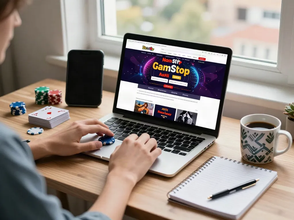Engaging with sites not on Gamstop in a cozy home office setting, featuring gaming elements and a laptop.