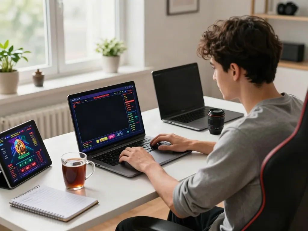 Engaged player exploring sites not on gamstop in a cozy home office setting.