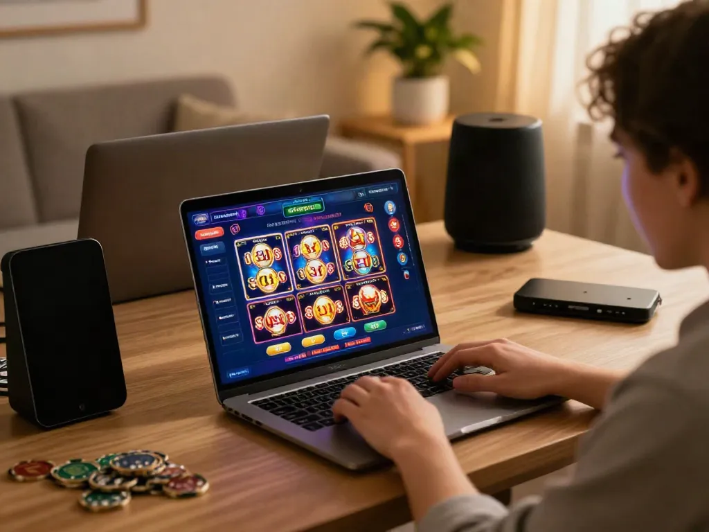 Player exploring sites not on GamStop at home with laptop and smartphone.