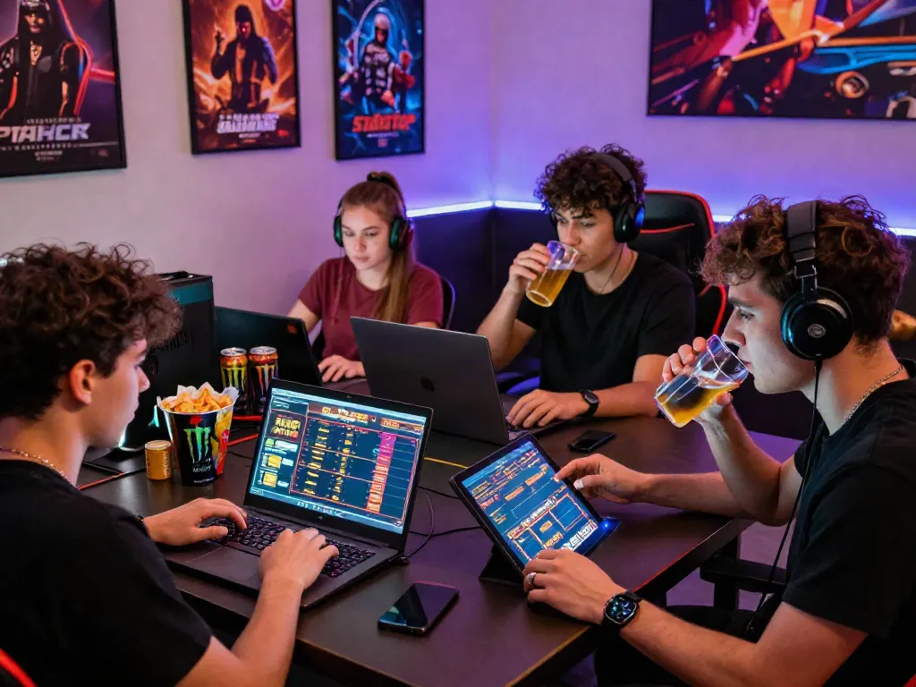 Group enjoying a lively betting session on sites not on gamstop with laptops and snacks.
