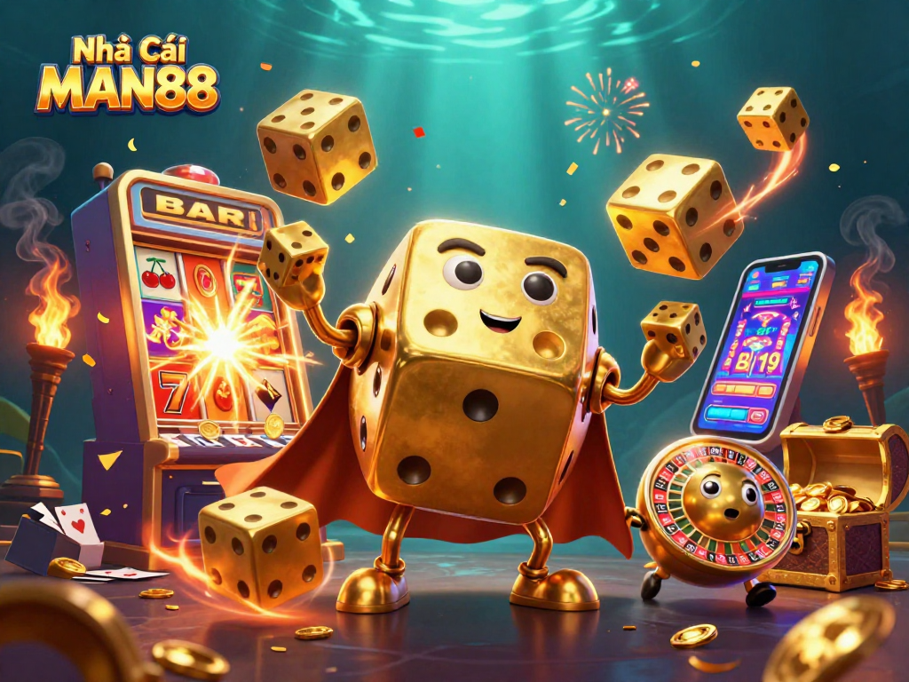 Experience the excitement of Nhà Cái MAN88 with a dynamic scene of golden dice, slot machines, and casino action.