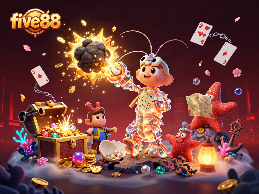 Engage with five88's thrilling gameplay as a galactic samurai mantis shrimp breaks through an asteroid, revealing gems and gold.