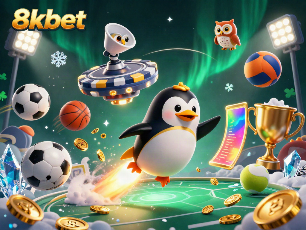 Experience the excitement of 8xbet with a golden penguin, sports elements, and vibrant casino visuals in a captivating 3D illustration.
