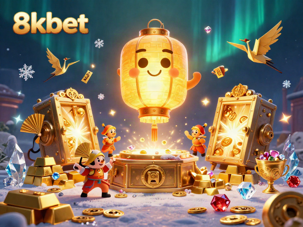 Savor exciting moments at 8kbet with golden treasures and vibrant casino elements in this dazzling scene.