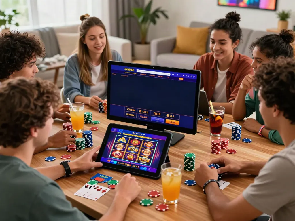 Friends exploring sites not on Gamstop at home with gaming excitement.