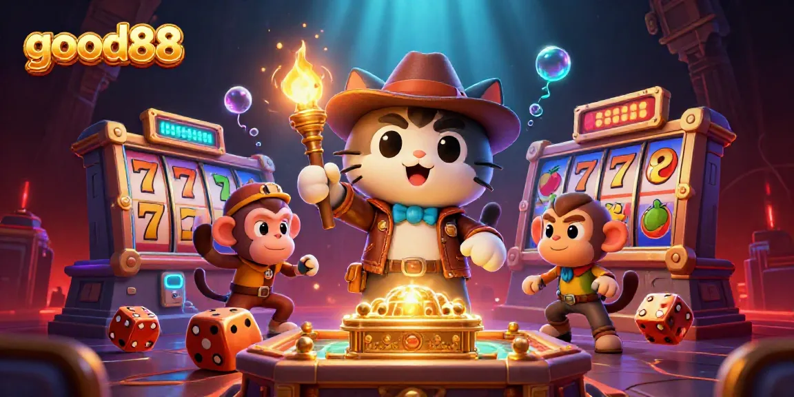 Engage with the good88 online casino world featuring a 3D explorer cat discovering treasures.