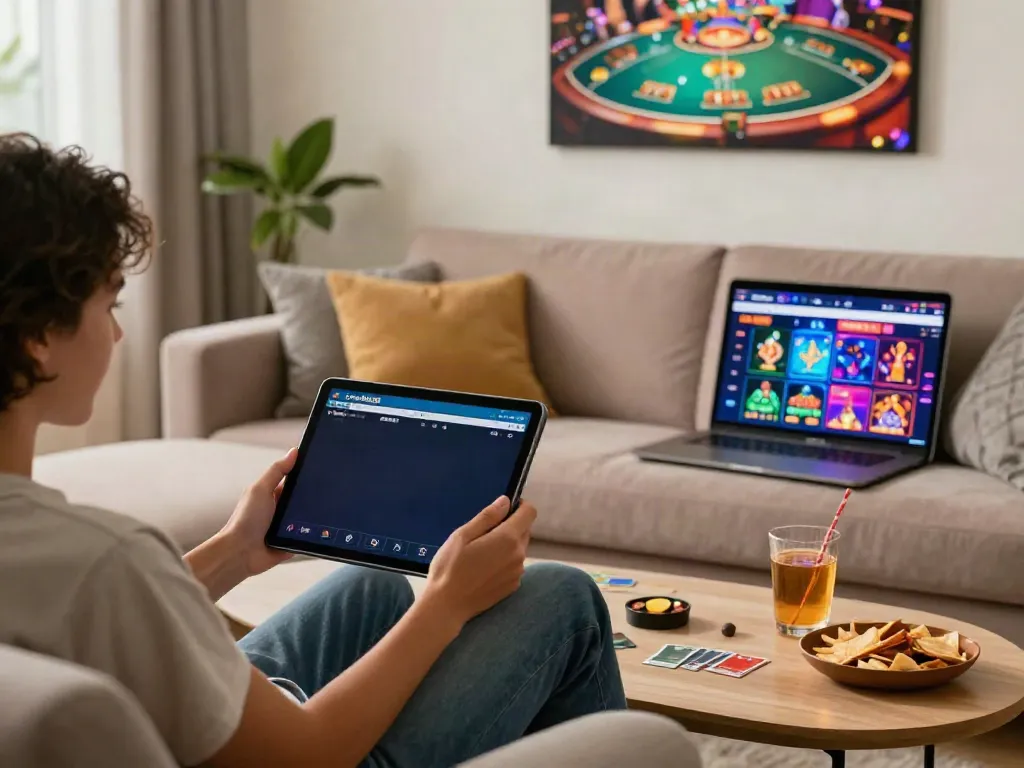 Person exploring sites not on GamStop in cozy home setup.