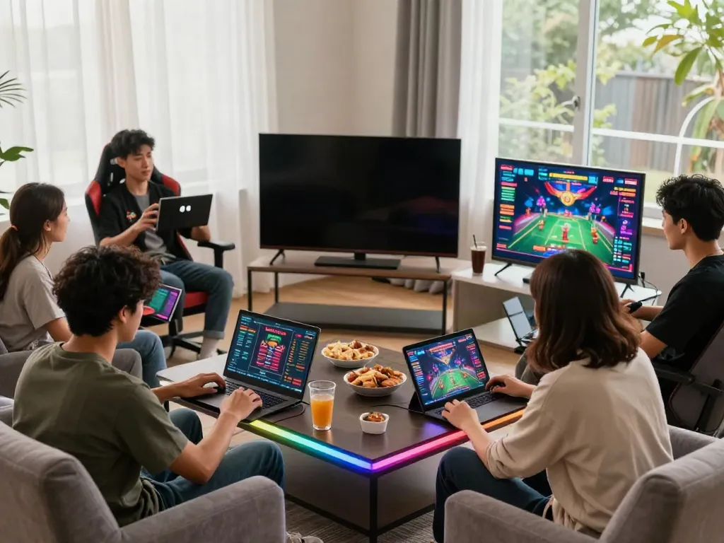 Friends enjoying a thrilling online casino gaming session at home, showcasing sites not on gamstop.