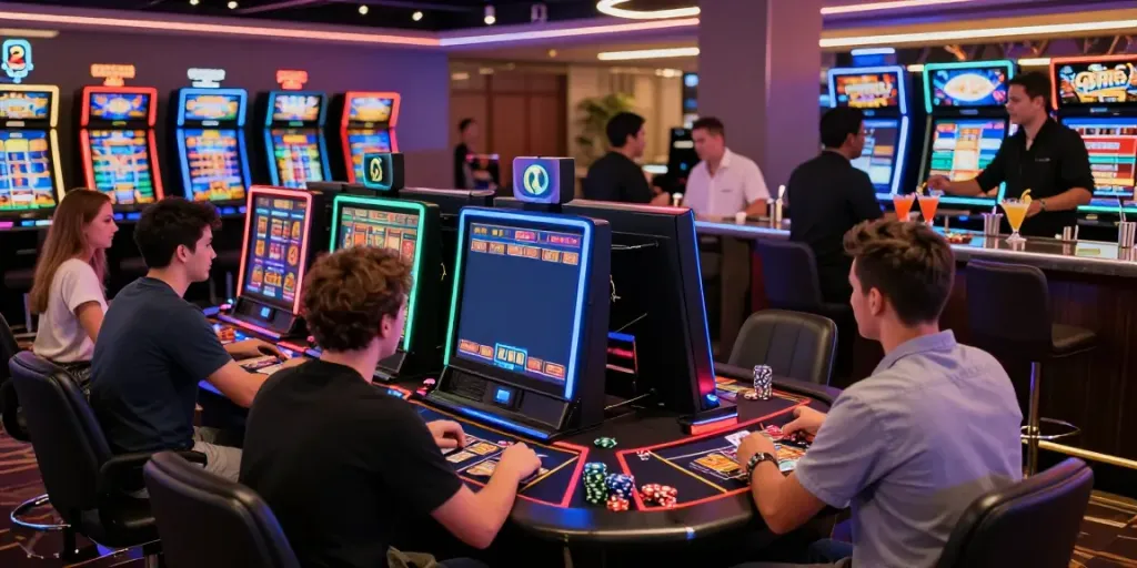 Vibrant gaming scene showcasing sites not on GamStop with diverse players enjoying electronic games and friendly dealers.