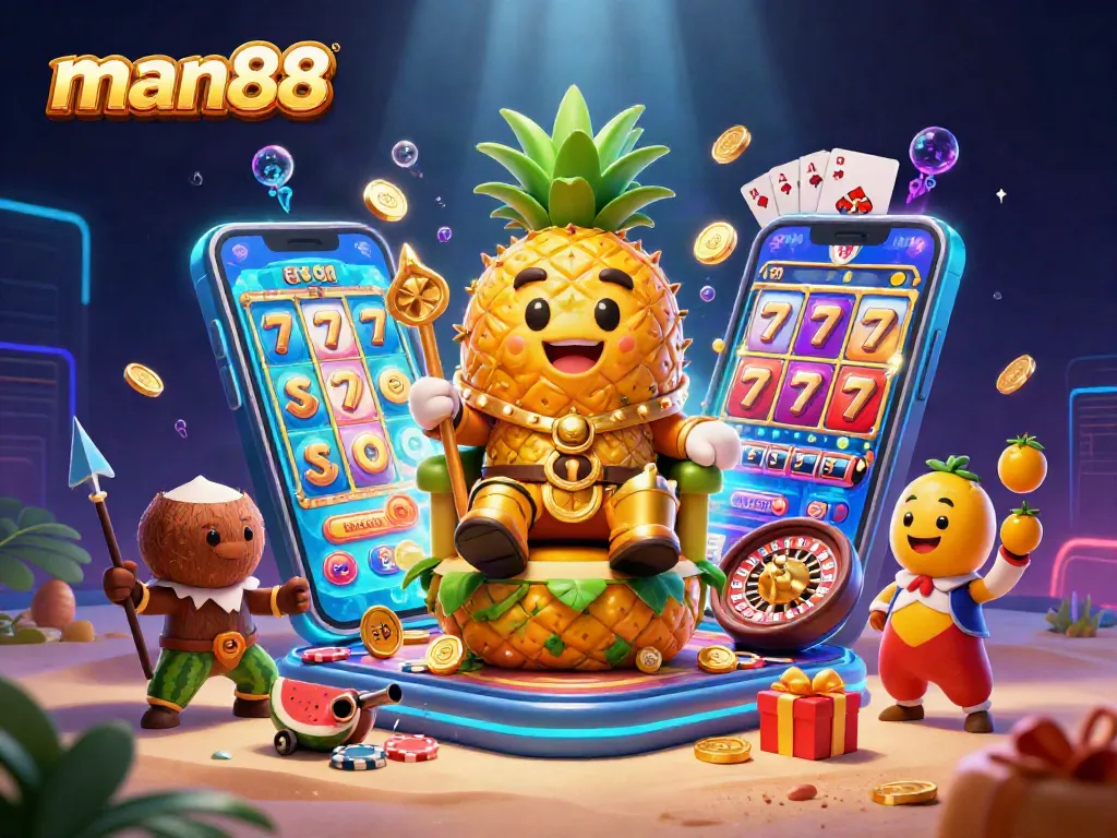 Experience exciting gambling with man88: vibrant scene featuring a pineapple king and slot game elements.