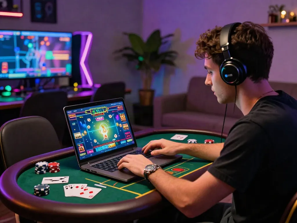 Player enjoying sites not on gamstop in a vibrant home casino setup.