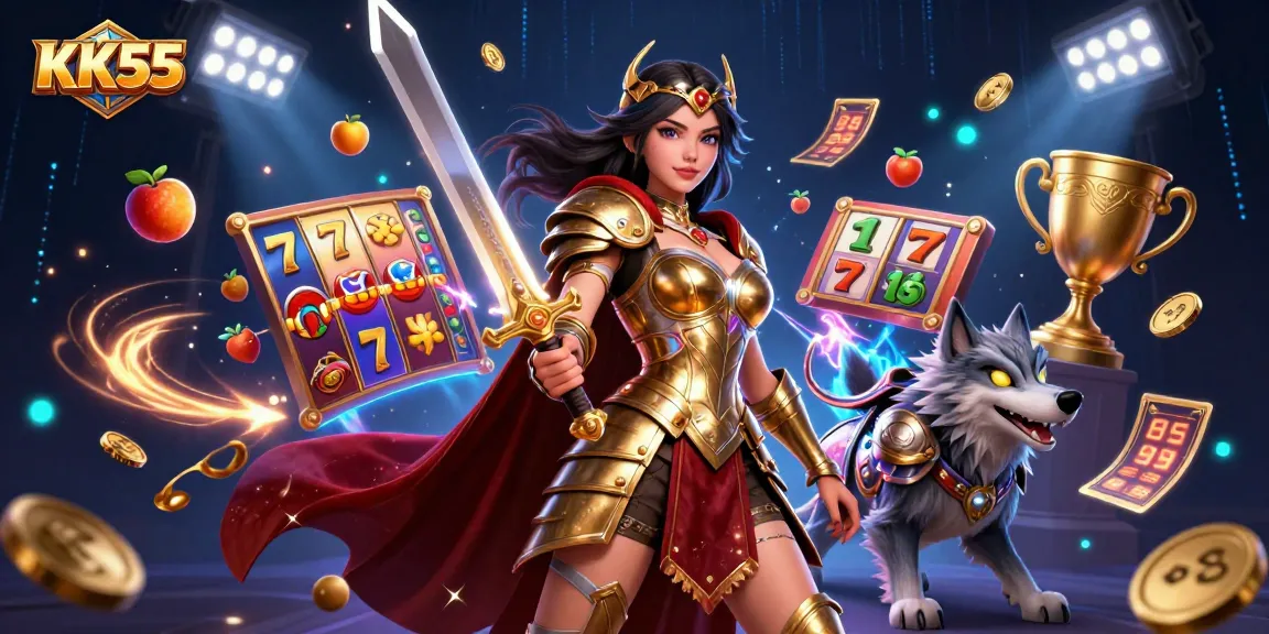 Win big at KK55 with a captivating 3D illustration showcasing a warrior queen and her armored wolf amidst dynamic casino excitement.