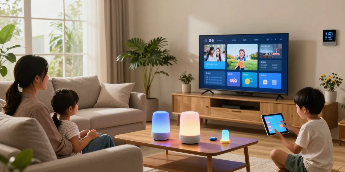Family enjoying smart home gadgets in a cozy living room with colorful smart lighting.