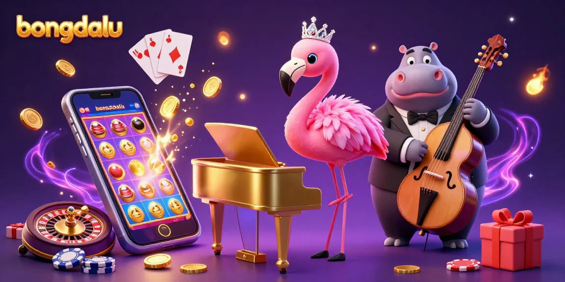 Bongdalu showcases an energetic scene with a flamingo singer and hippo bassist immersed in casino fun, filled with vibrant gaming elements.