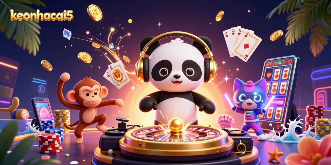 Join the excitement with keonhacai5 as DJ panda spins and treasures fly in this vibrant gambling scene.
