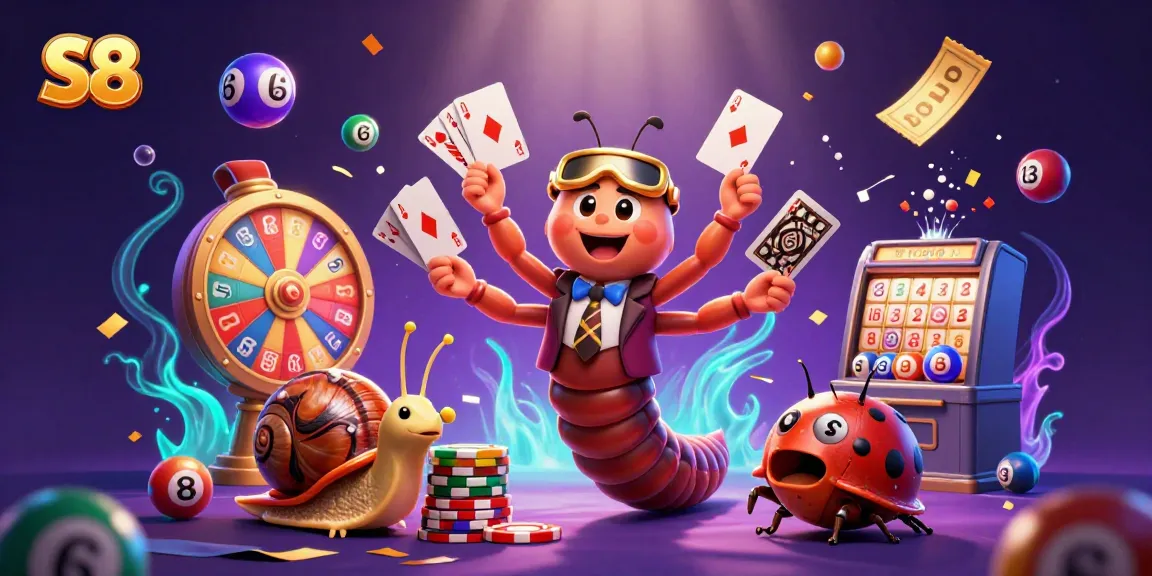 S8 reels in excitement with a vibrant scene of animated characters and lottery fun, showcasing dynamic casino elements.