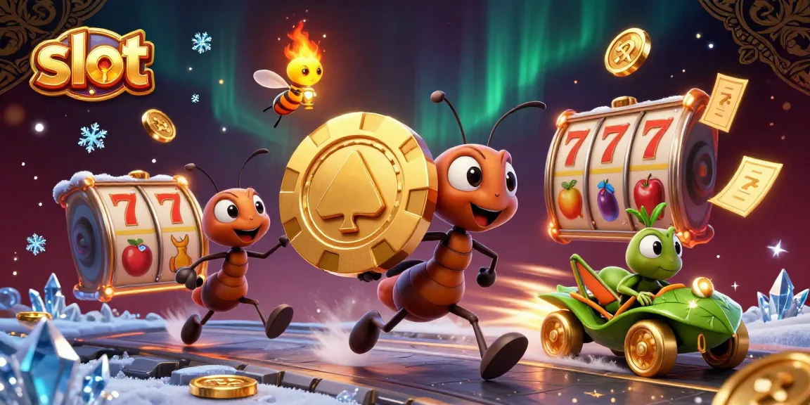Watch the ants carry a massive poker chip in this vibrant slot-themed 3D illustration.