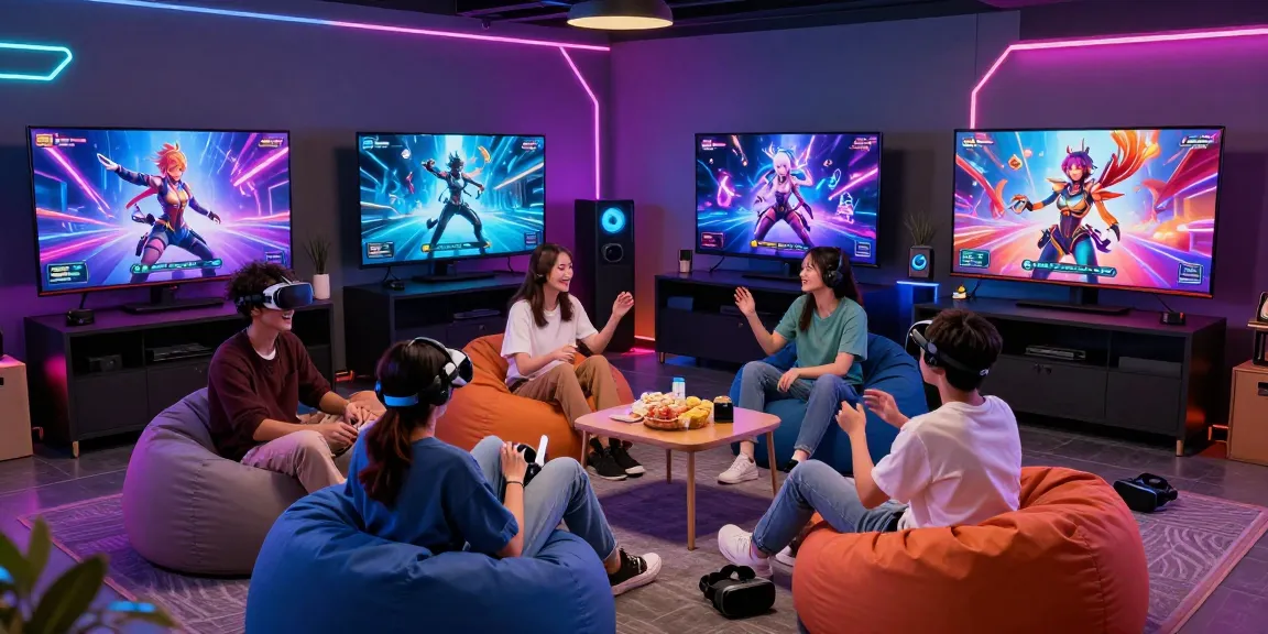 Engaged players enjoying hentai games html in a vibrant gaming lounge with colorful screens and cozy seating.