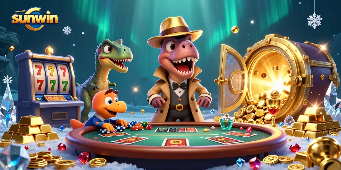 Experience the excitement of sunwin with a 3D cartoon velociraptor card counter among vibrant casino elements.