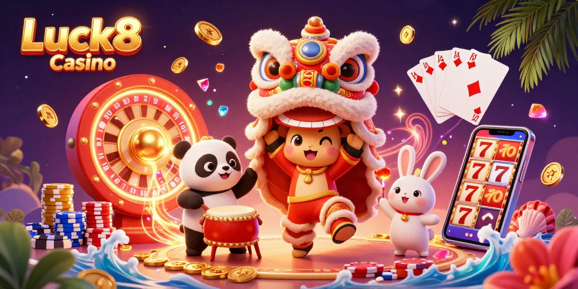 Experience the festive energy at Luck8 Casino with characters dancing among golden coins and a roulette wheel.