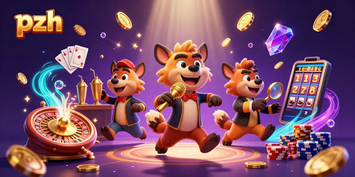 Hyenas entertain at a vibrant pzh-themed comedy casino, filled with gold coins and sparkling gems.