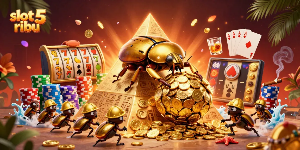Win big at slot 5 ribu with thrilling 3D casino illustration of golden beetles and jackpot symbols.