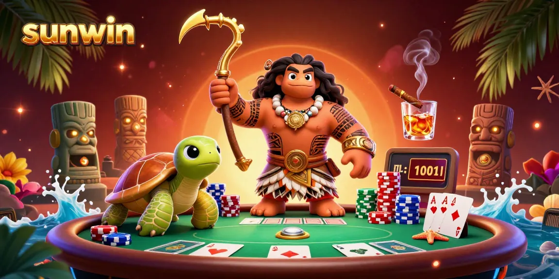 Engage in thrilling gaming action with Sunwin's vibrant casino scene featuring dynamic characters and poker elements.