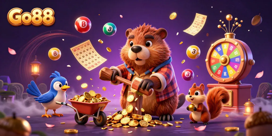Go88's vibrant gambling scene illustrates a beaver collecting coins while lottery elements and golden features surround it.