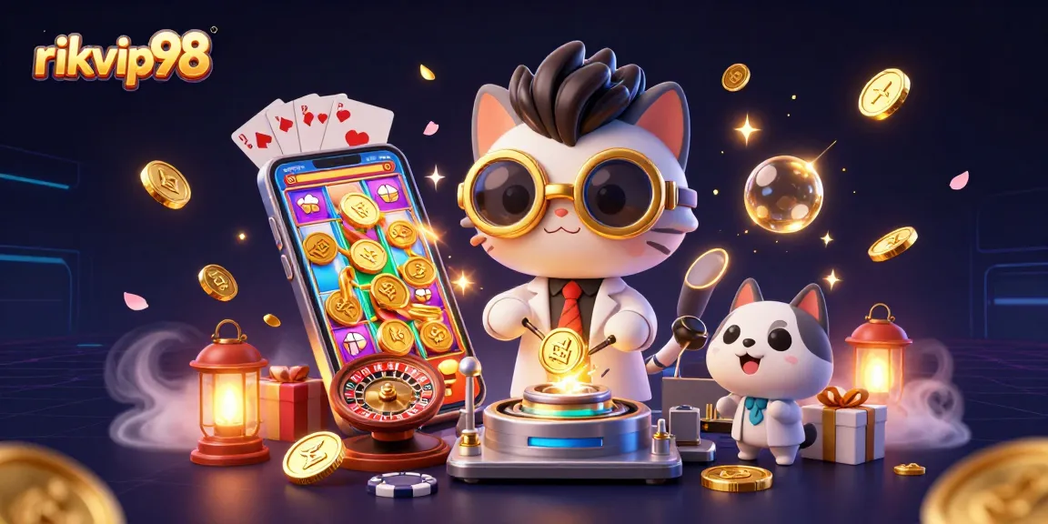 Experience rich gaming adventures at rikvip98 with a vibrant 3D casino illustration featuring a mad scientist cat.