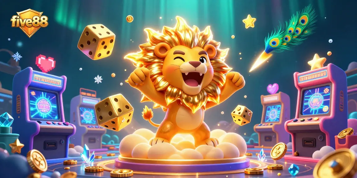 Experience the thrill of five88 with a dynamic 3D illustration of a roaring lion and golden dice.