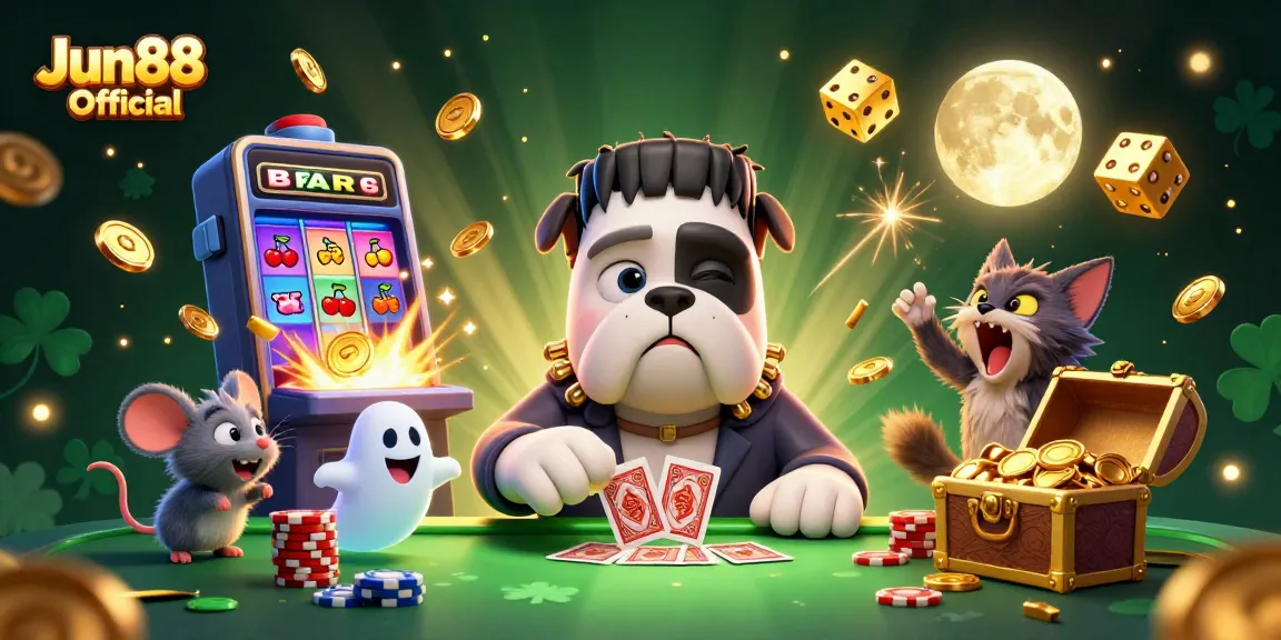 Join the excitement at Jun88 Official with a playful casino scene featuring a dog dealer and winning symbols!