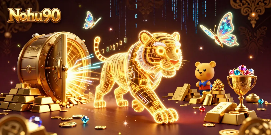 Nohu90 brings exciting gaming adventures alive with a neon tiger and dazzling treasures.