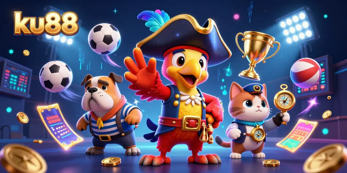 ku88 showcases a thrilling scene with a pirate captain, bulldog, and cat in an action-packed casino environment.