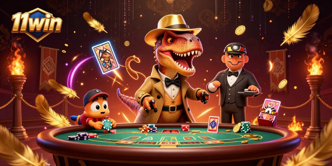 11win's thrilling casino scene with a velociraptor card counter and dynamic betting elements.