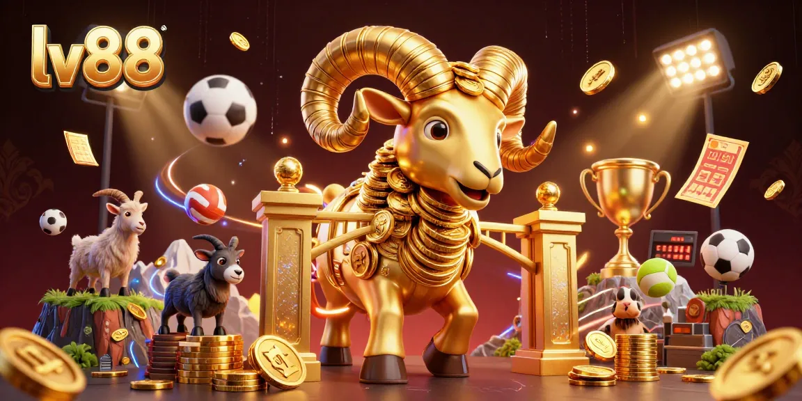 lv88 sports betting illustration showcasing a golden ram charging with sports elements, energetic scene rich in detail.