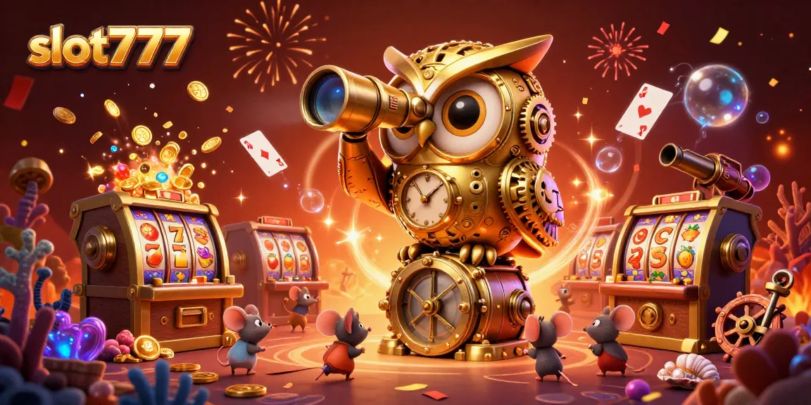 Engage in thrilling slot777 action with a clockwork owl scanning a vibrant casino scene filled with treasures.