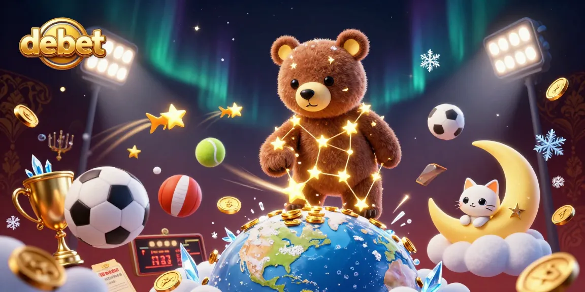 Bet with debet in a vibrant casino scene featuring constellation bear and dynamic sports elements.
