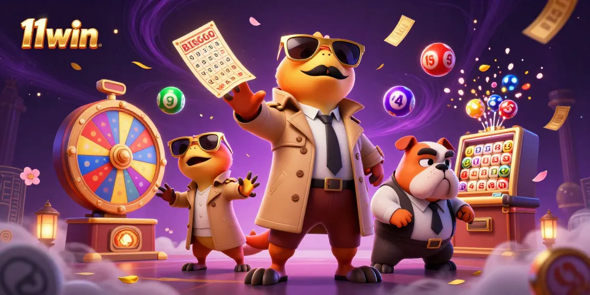 Engage with 11win's vibrant casino scene featuring raptors, lottery balls, and a bouncer in a dynamic illustration.