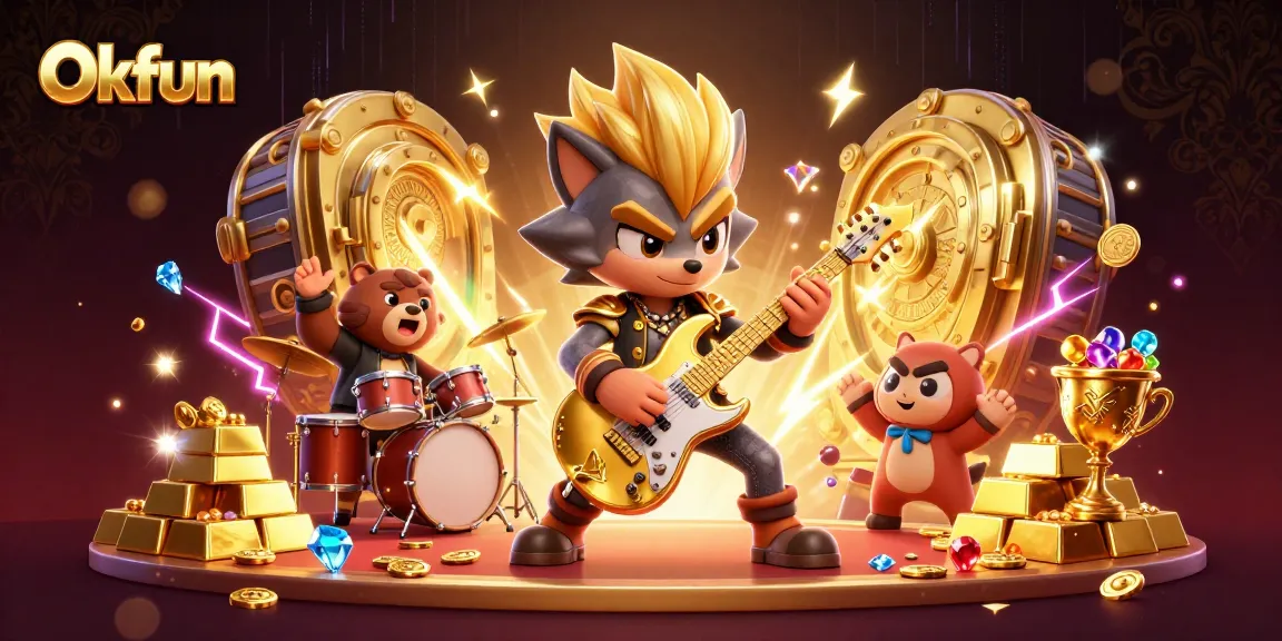 Experience the excitement of Okfun with a dynamic 3D scene featuring rock stars and casino treasures.