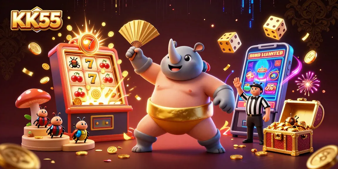 Experience thrilling wins at KK55 with a vibrant scene of casino excitement, featuring a sumo champion beetle.