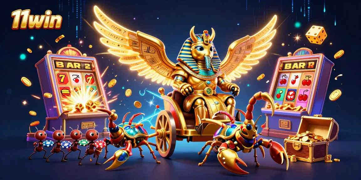 Engage with 11win's thrilling casino atmosphere featuring a golden beetle and dazzling slot machine.