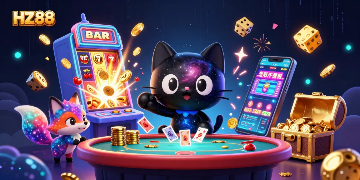 Experience the thrill at HZ88 with a cosmic casino scene featuring a black hole cat and a nebula fox amidst dynamic gaming action.