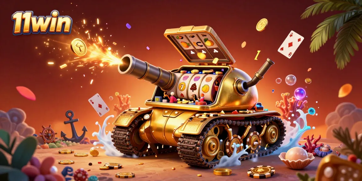 Experience the thrill of 11win with a dynamic illustration of a casino beetle tank amidst vibrant slot game elements.