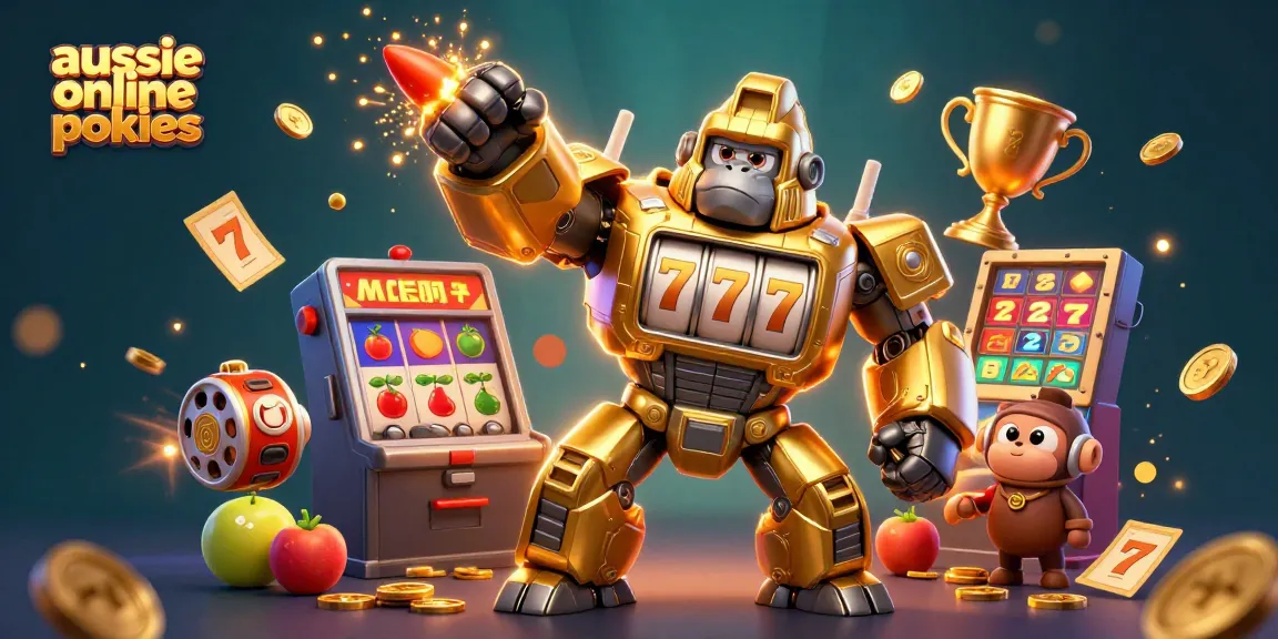 A dynamic 3D illustration showcasing aussie online pokies with a golden gorilla mech and slot machine elements, emphasizing high-energy casino action.