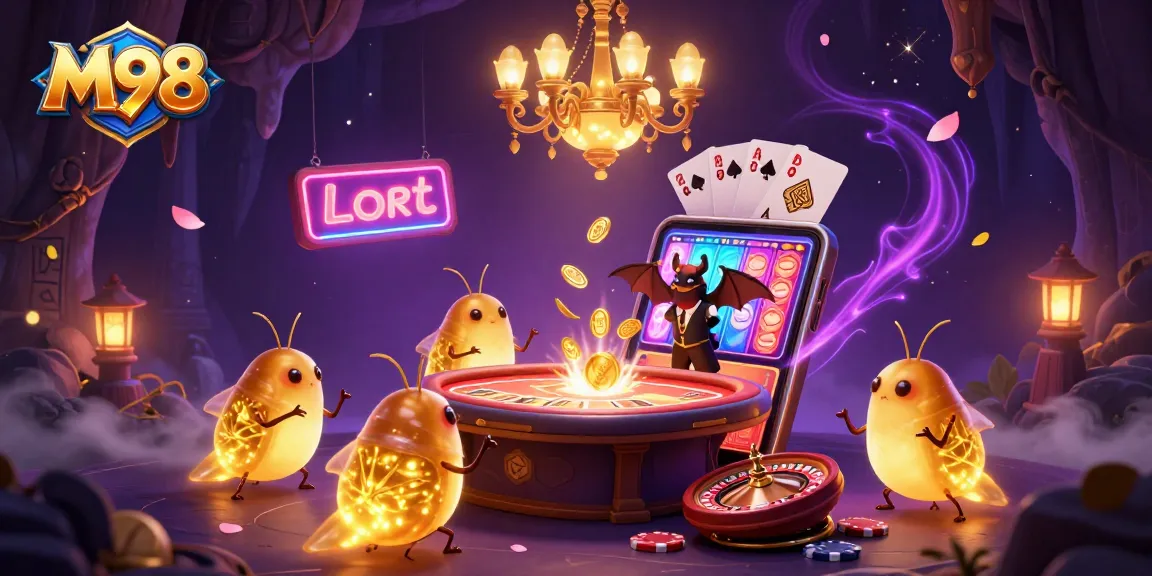 M98 offers a vibrant casino experience with glowworms lighting up a scene full of games, coins, and excitement.
