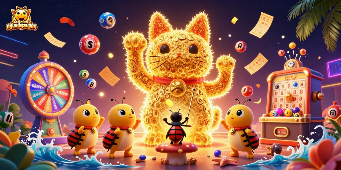 Engage with nguoidepsaigon's vibrant casino scene featuring a lucky cat and colorful lottery elements.