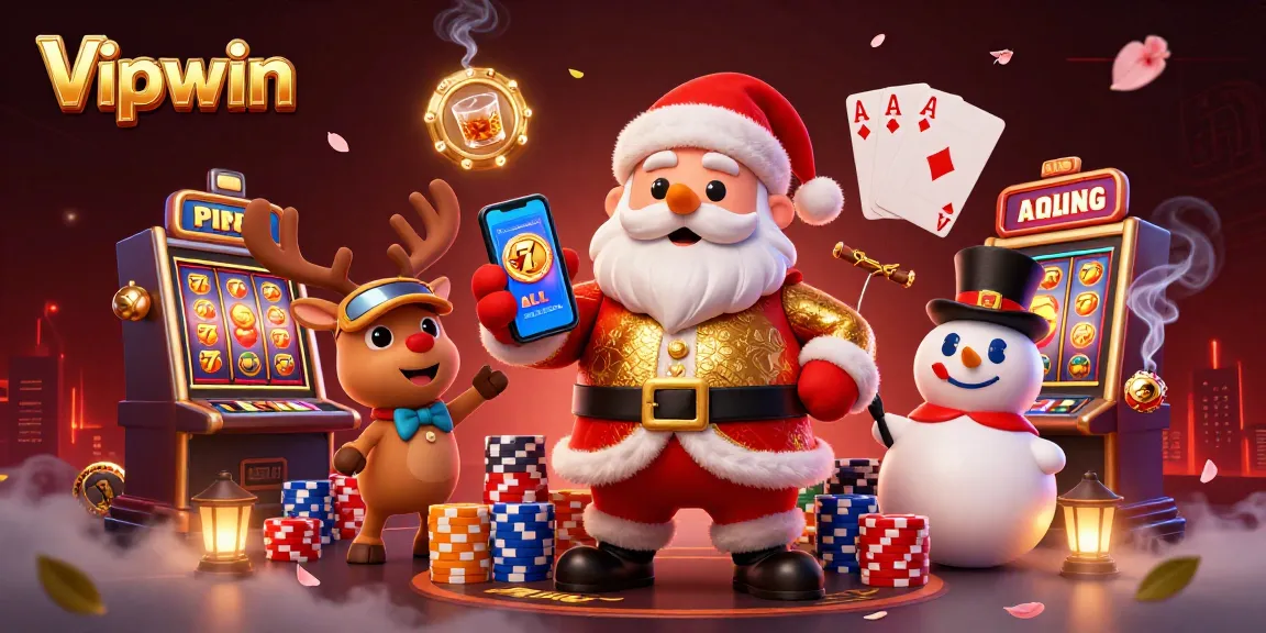 Experience fun at Vipwin with Santa and friends enjoying slot games and poker chips surrounded by a vibrant casino atmosphere.