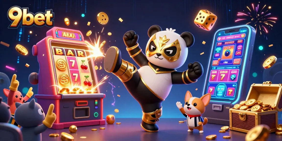 Engage with the thrilling 9bet casino scene featuring a wrestler panda performing a flying kick.